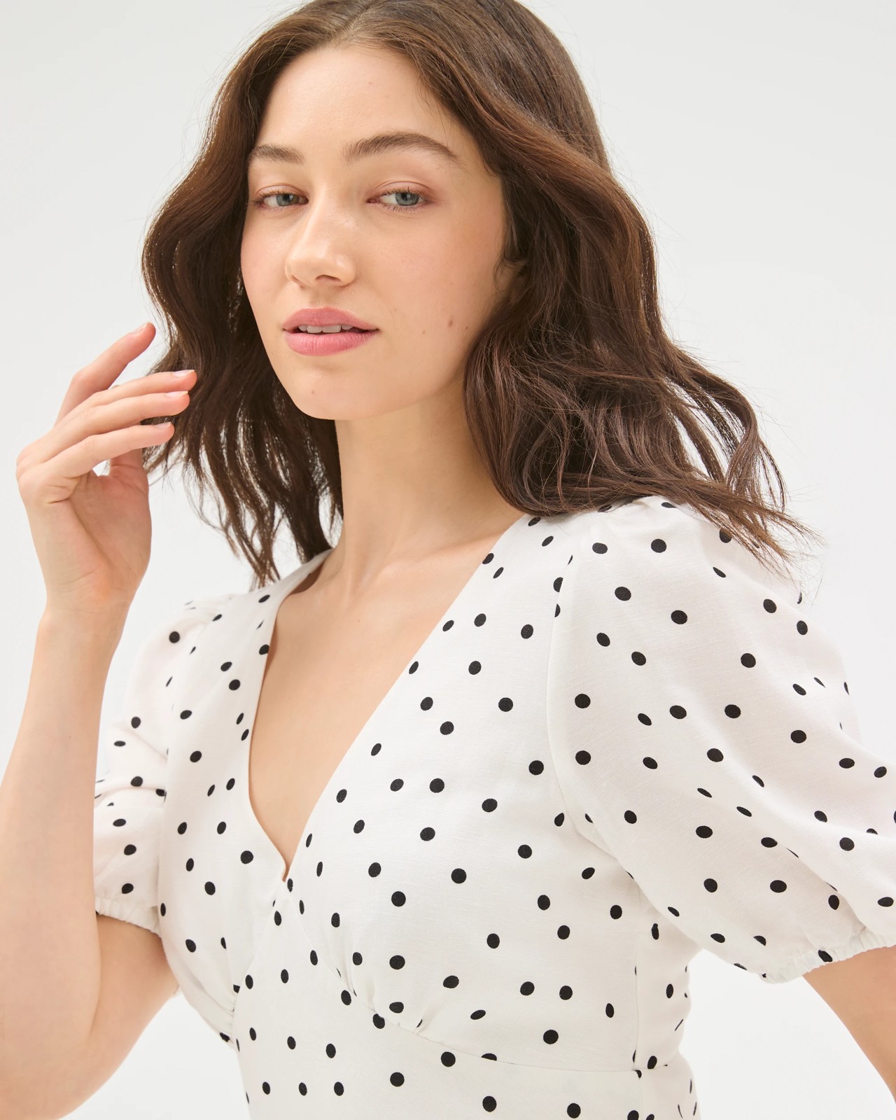 Lily Loves European Linen Blend Puff Sleeve Midi Dress - Pale Oat Spot 3 of 5
