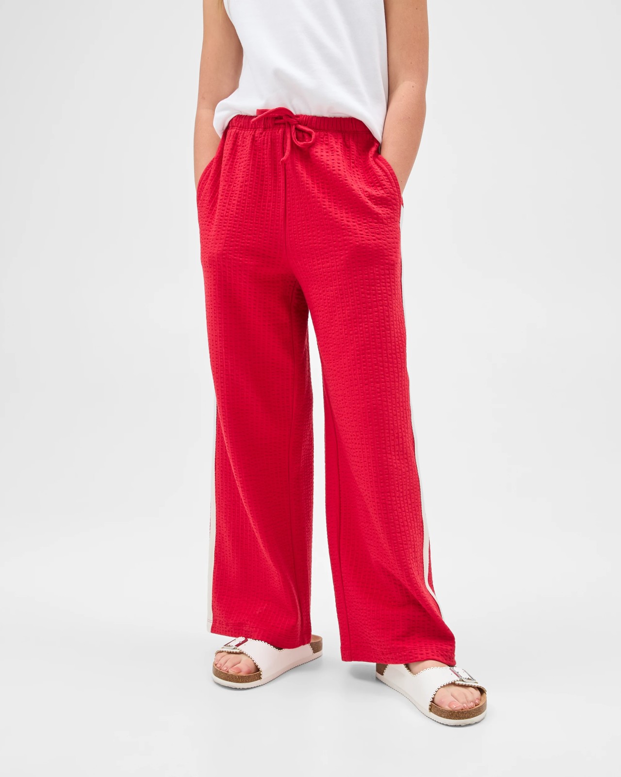Australian Cotton Blend Textured Side Taped Wide Leg Knit Pants - Red 2 of 6