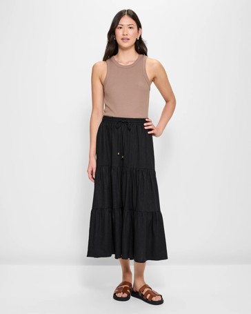 Linen Blend Tiered Maxi Skirt