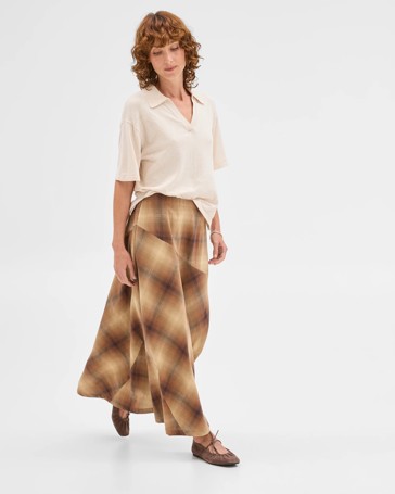 Australian Cotton Blend Check Midi Skirt