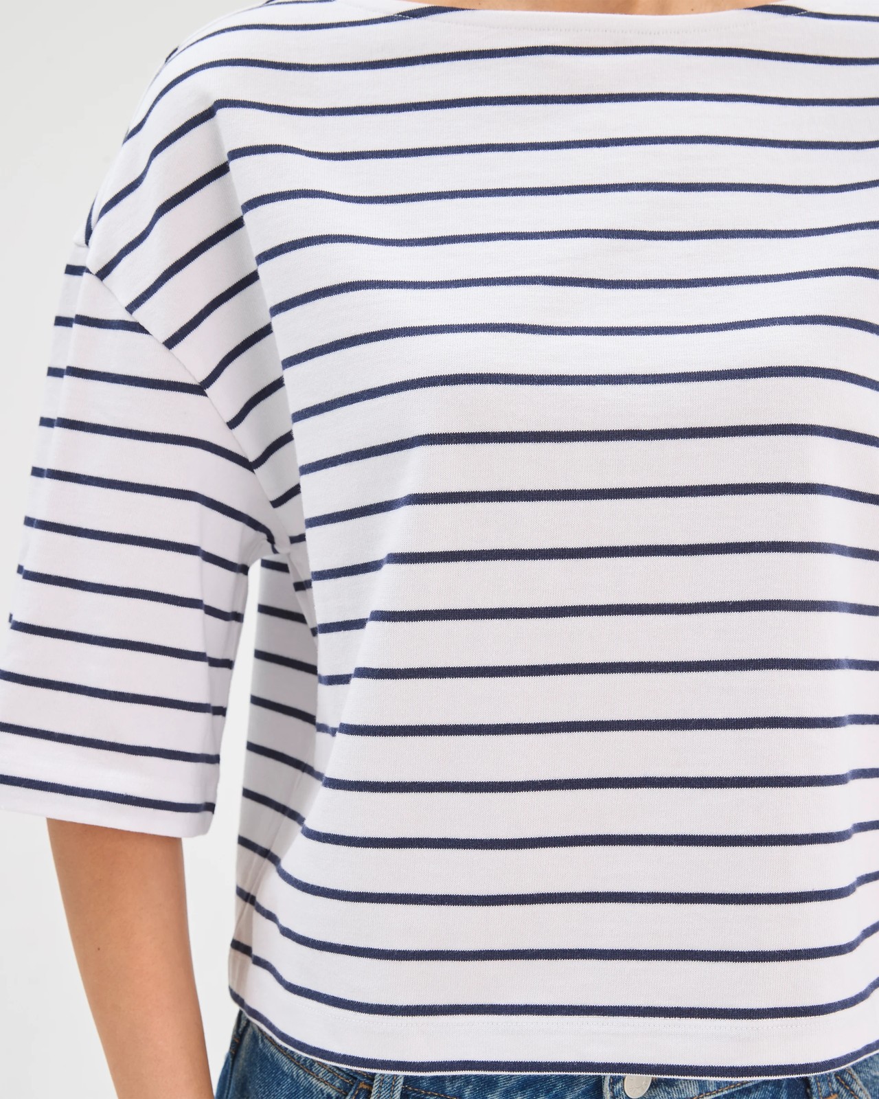Australian Cotton Boat Neck Boxy T-Shirt - White/Navy Stripe 5 of 5