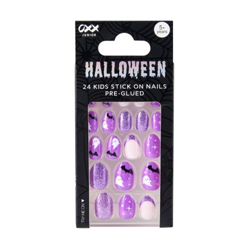 Halloween 24 Pack Kids Stick On Nails Pre-Glued, Ghosts, Purple - OXX Junior