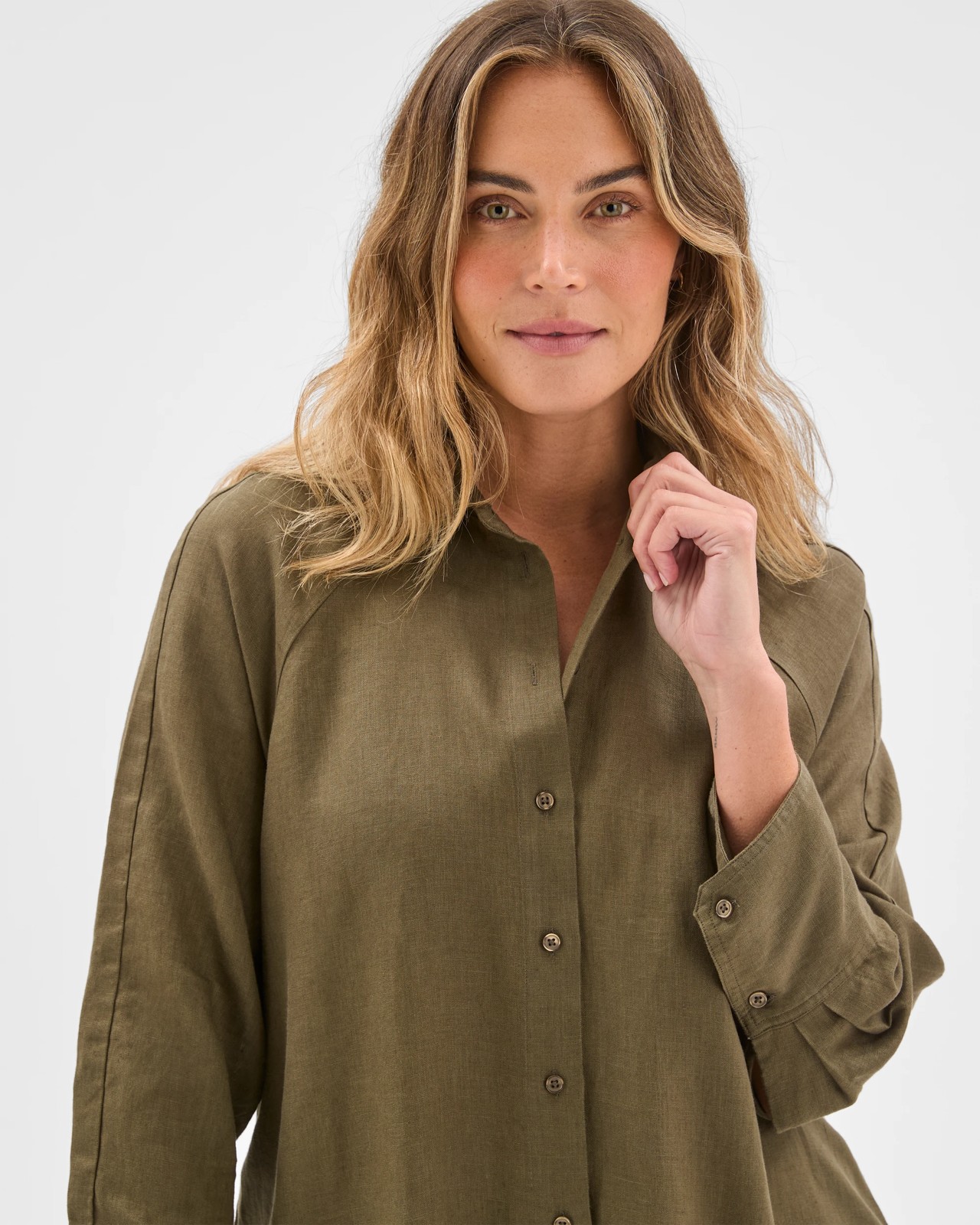 European Linen 3/4 Sleeve Midi Shirt Dress - Dusty Moss 4 of 6