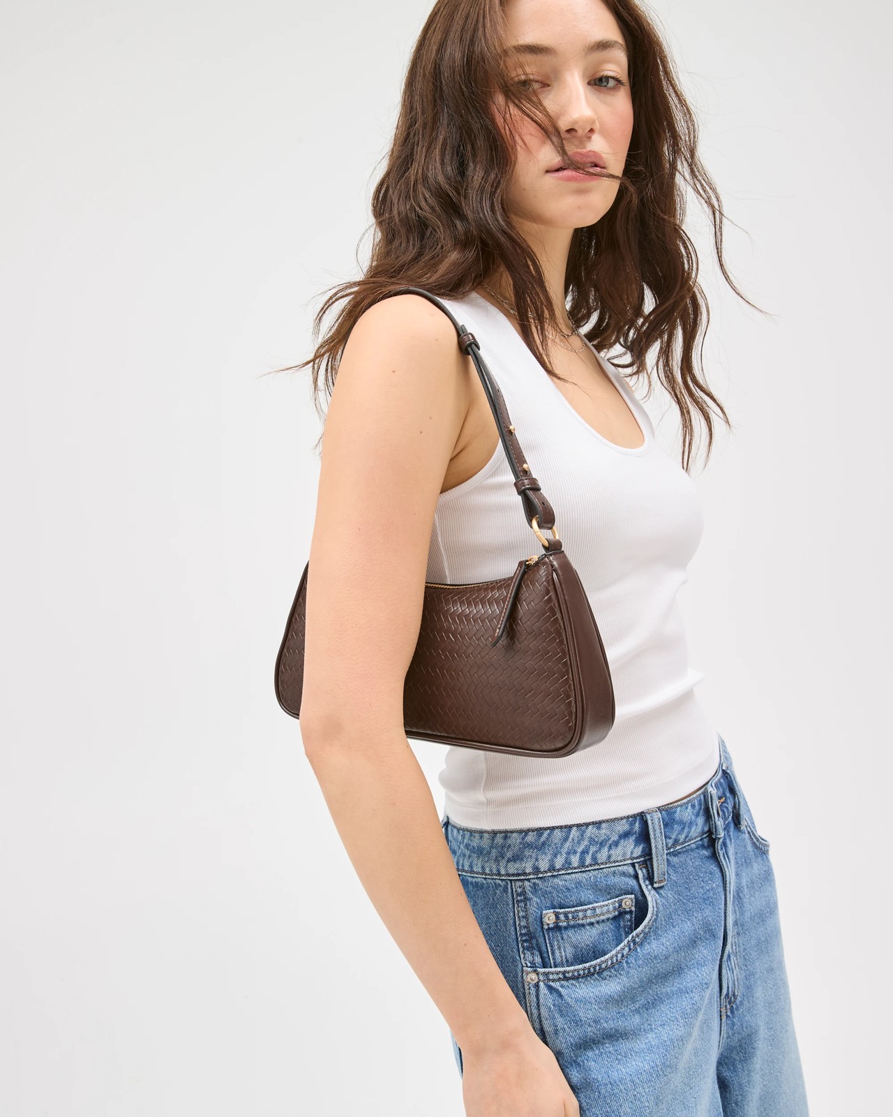 Mini Seamed Embossed Weave Shoulder Bag - Chocolate 3 of 3