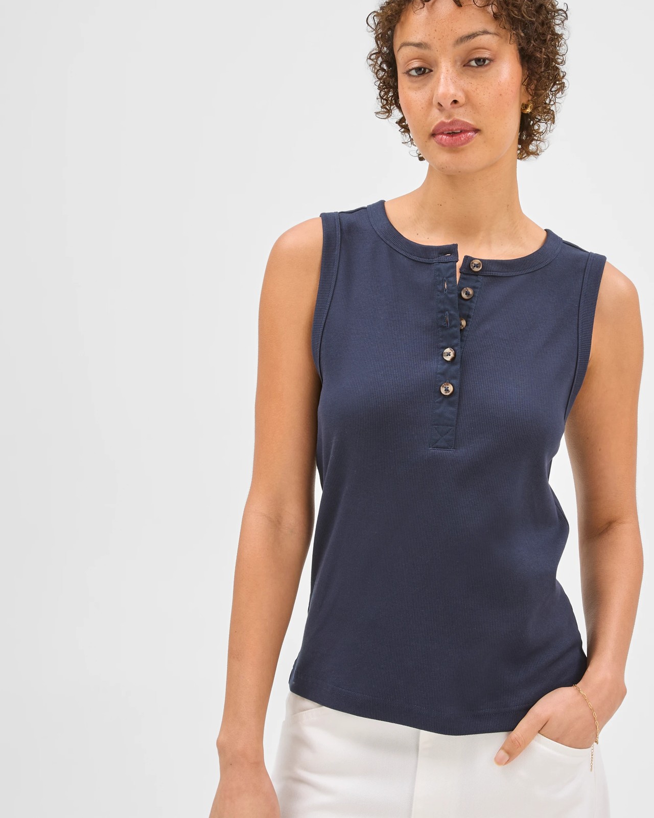 Australian Cotton Henley Neck Rib Tank Top - Ink Navy 3 of 6