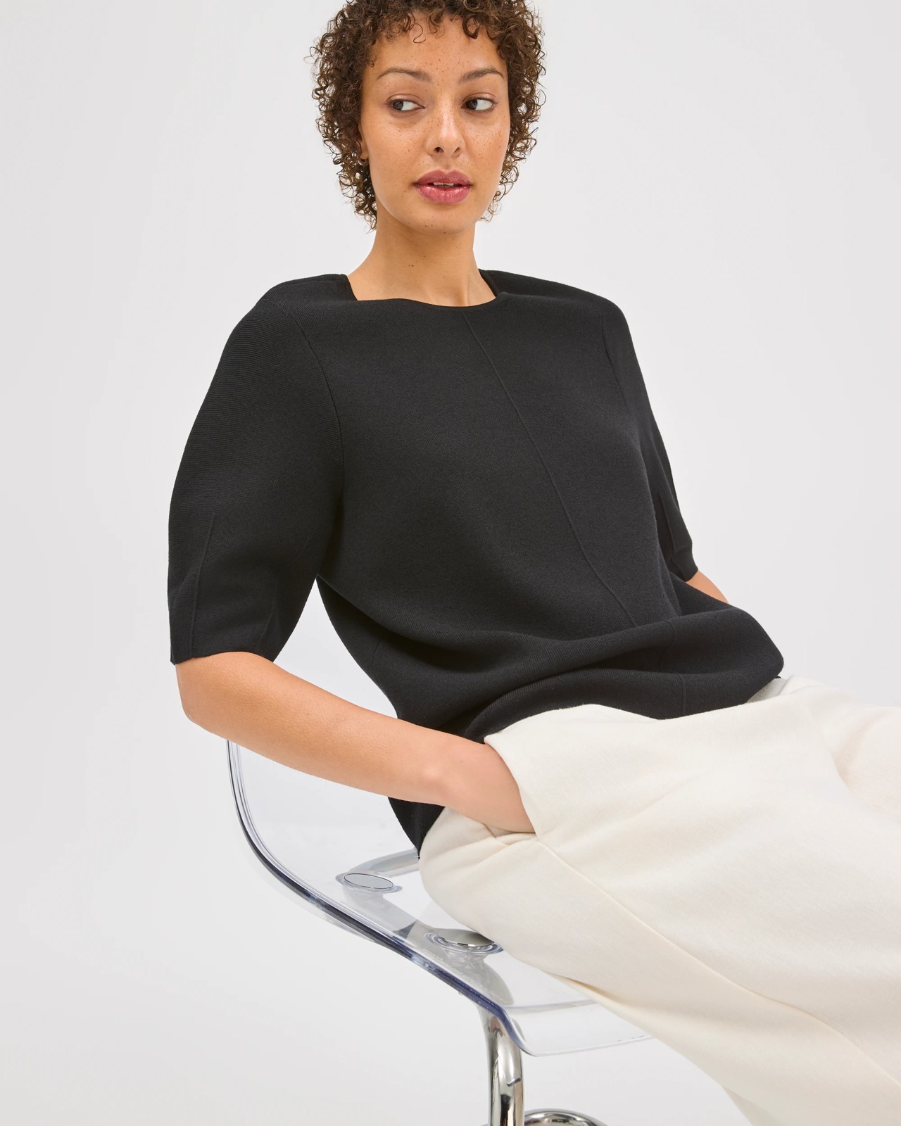 Preview Lantern Short Sleeve Crepe Knit Top - Black 5 of 5