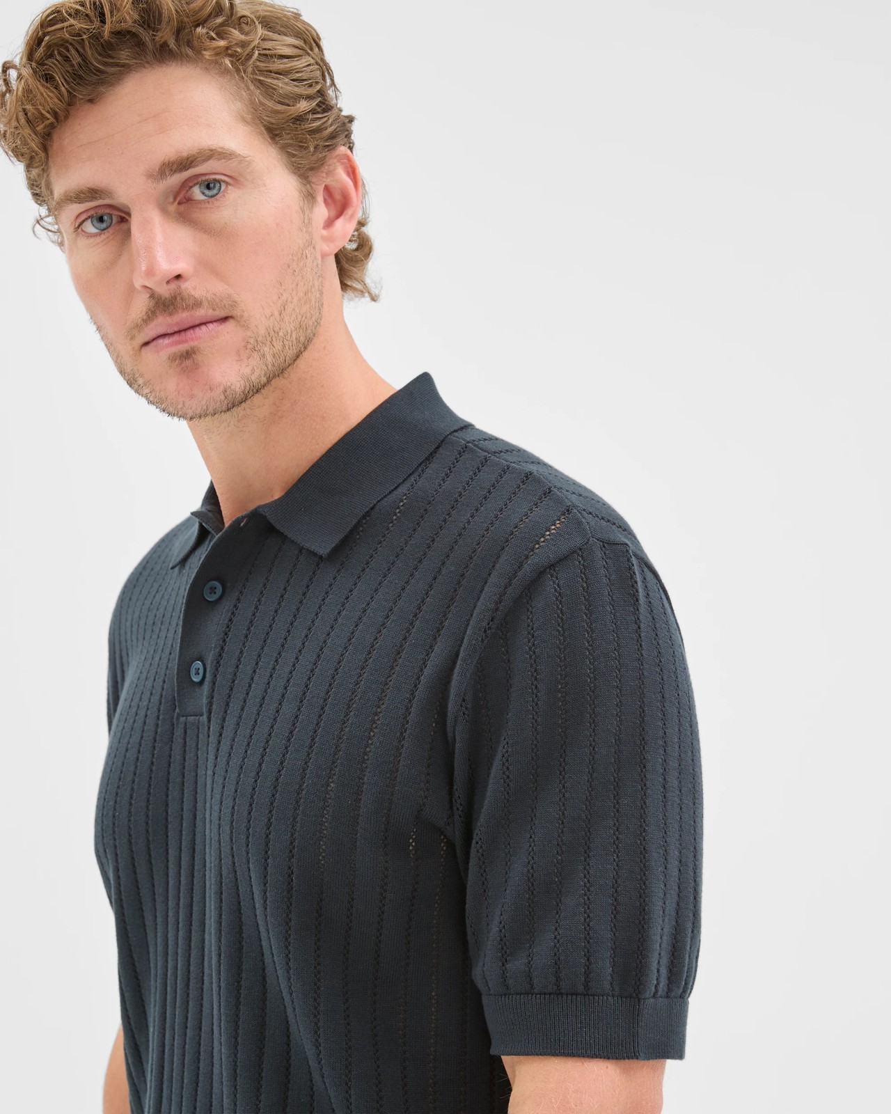 Preview Australian Cotton Pointelle Polo Top - Blueberry 5 of 6