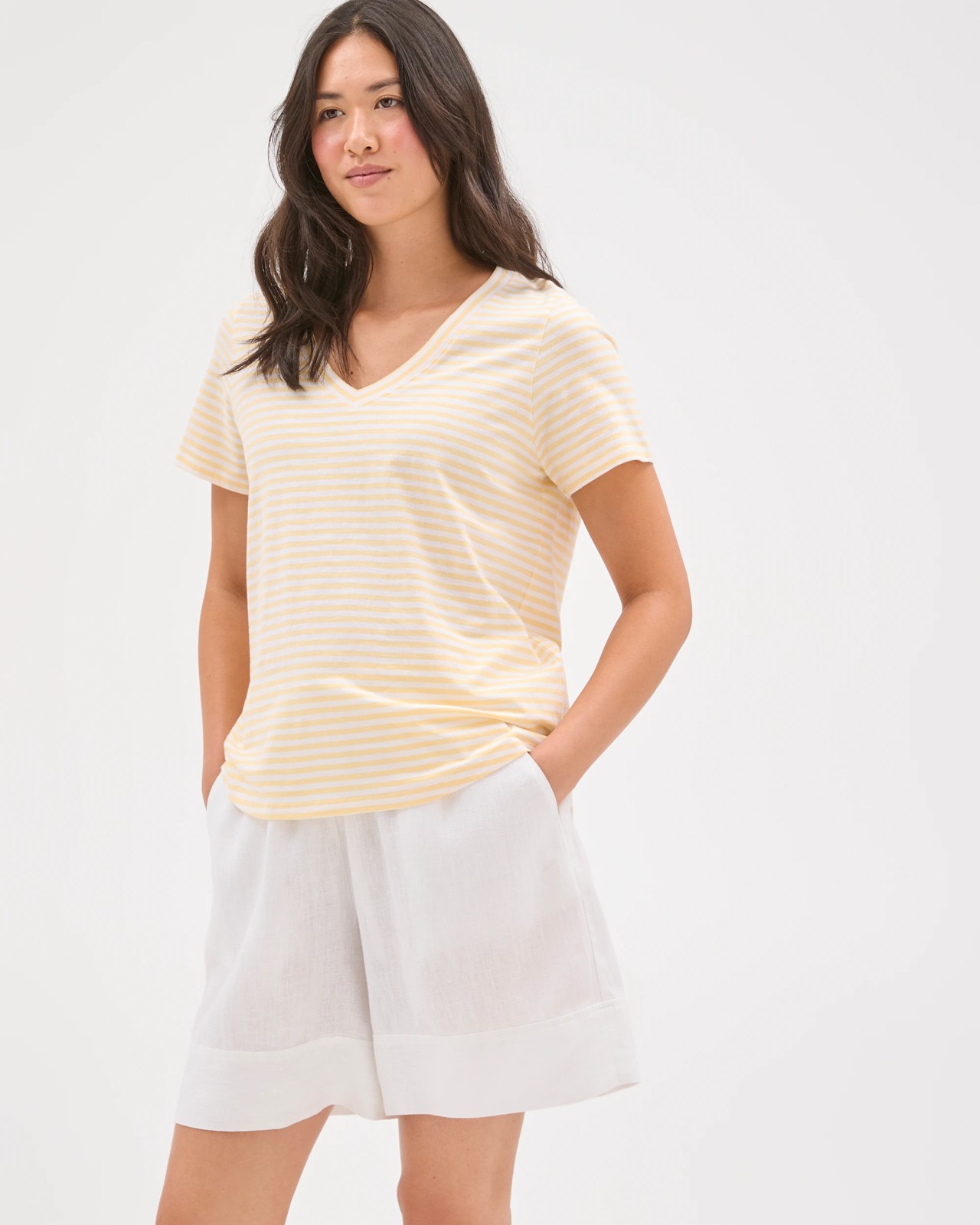 Australian Cotton Slub Relaxed V-Neck T-Shirt - Butter Lemon/White Stripe 2 of 5