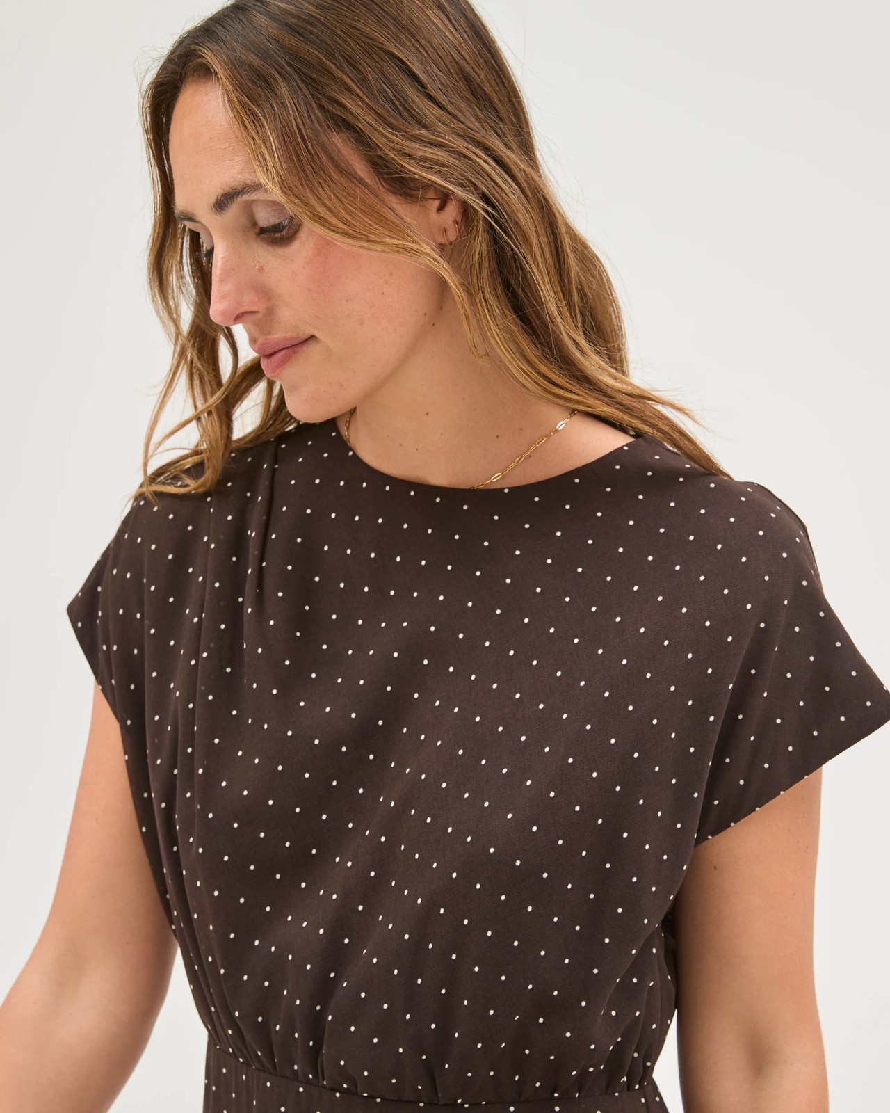 Preview Sheer Drape Front Midi Dress - Coffee Bean Spot 3 of 6