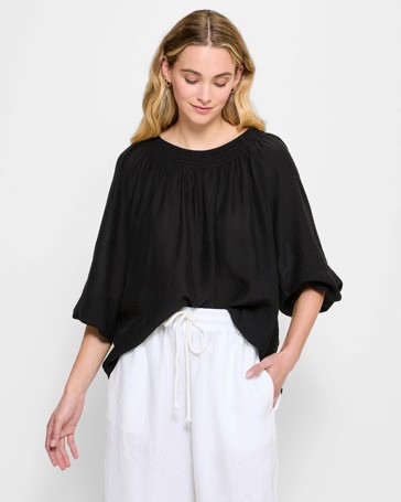Long Puff Sleeve Shirred Neck Blouse