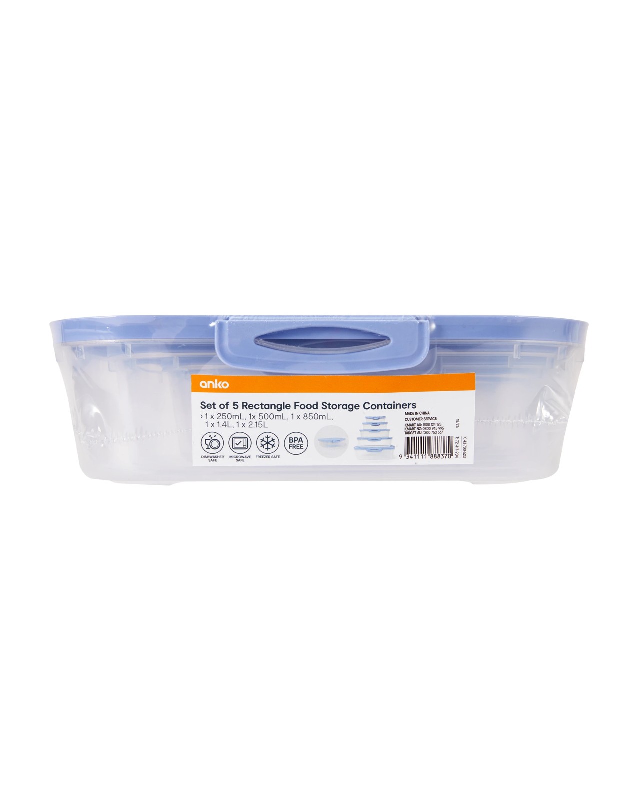 Anko Set of 5 Rectangle Food Storage Containers - Blue 4 of 4