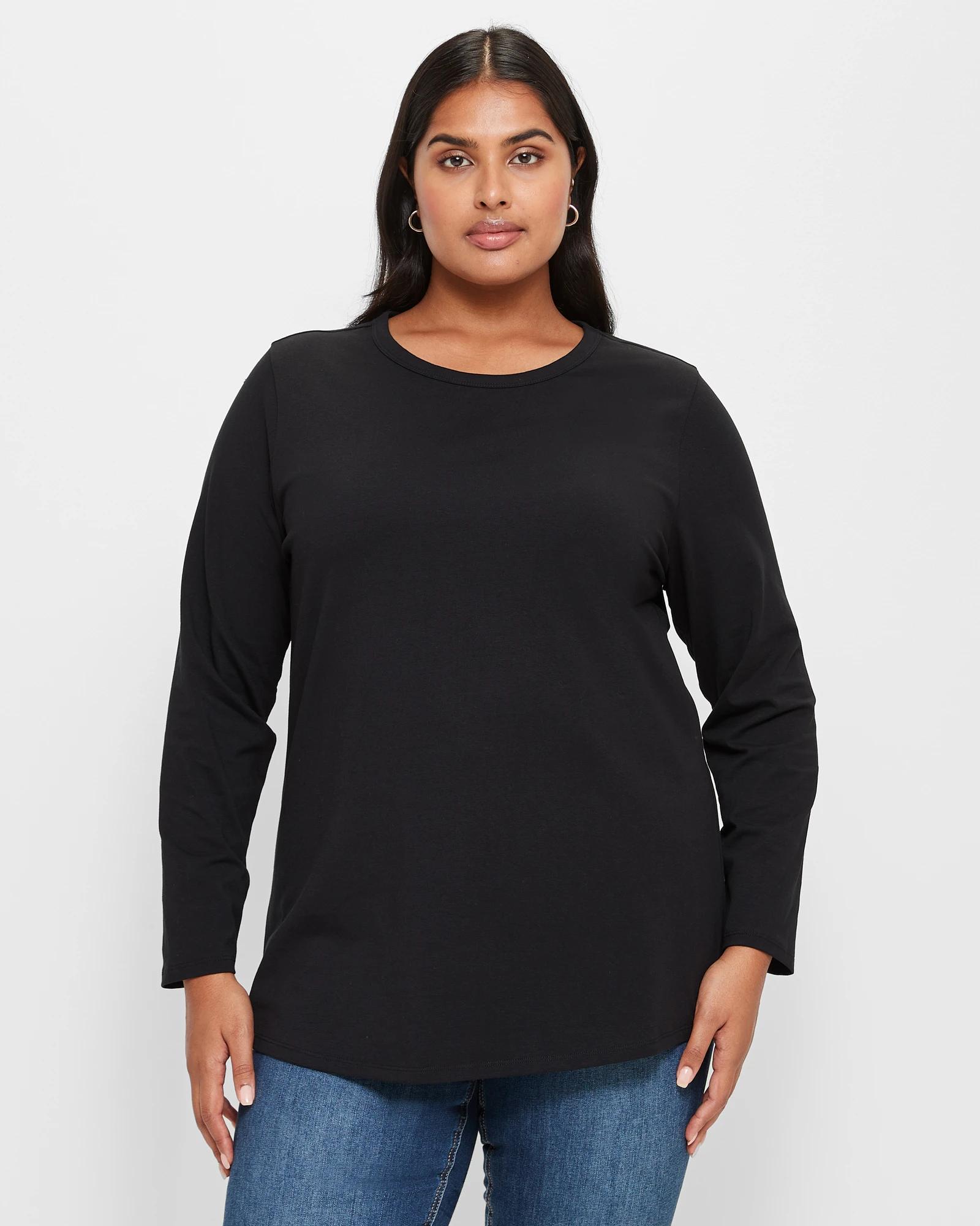 Plus Size Australian Cotton Long Sleeve Crew T-Shirt - Black