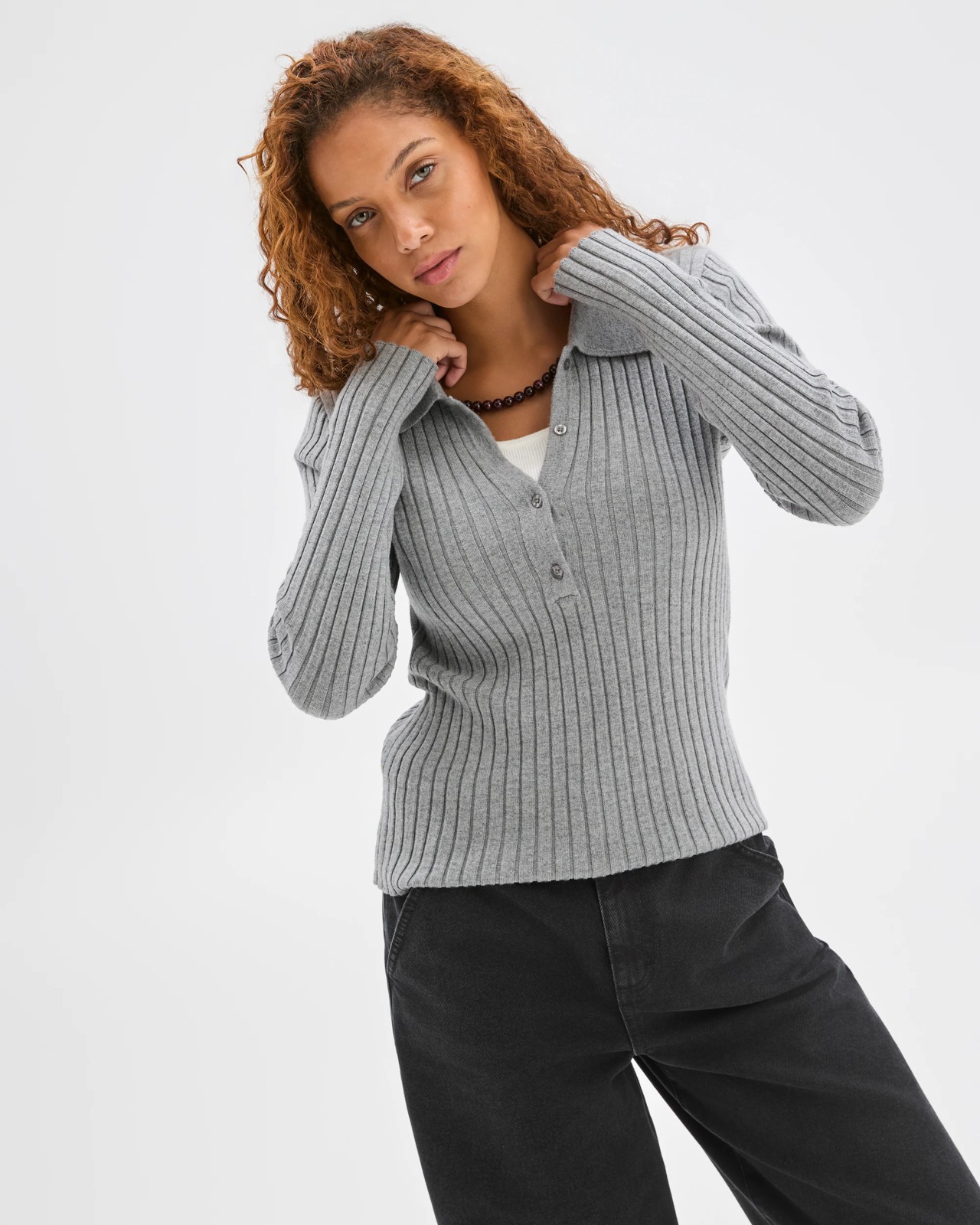 Fine Knit Double Layer Polo Sweater - Mid Grey Marle 2 of 6