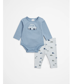 Set of 2 cotton bodysuits with bunnies, aqua/ecru