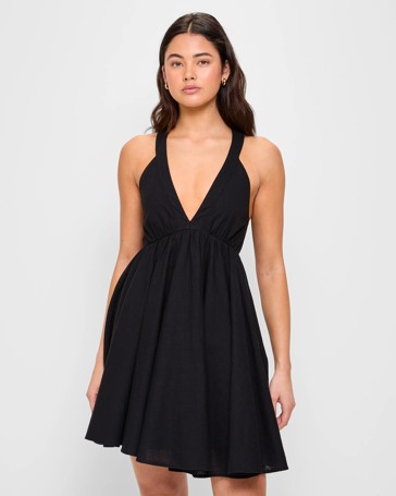 Linen Blend V-Neck Tie Back Mini Dress - Lily Loves