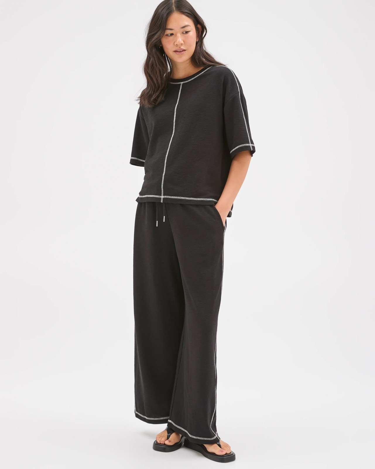 Textured T-Shirt with Contrast Seams - Black 2 of 5