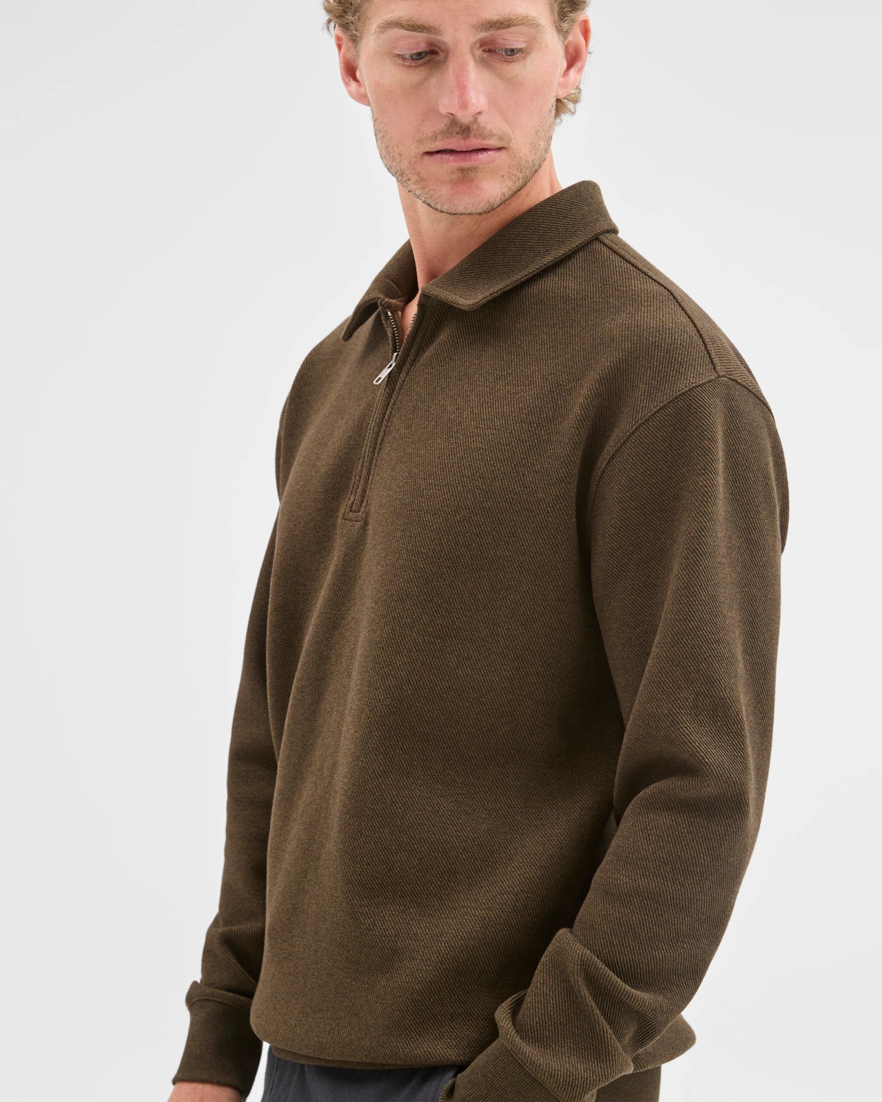 Australian Cotton Blend Fleece 1/4 Zip Collared Top - Dark Olive 4 of 5