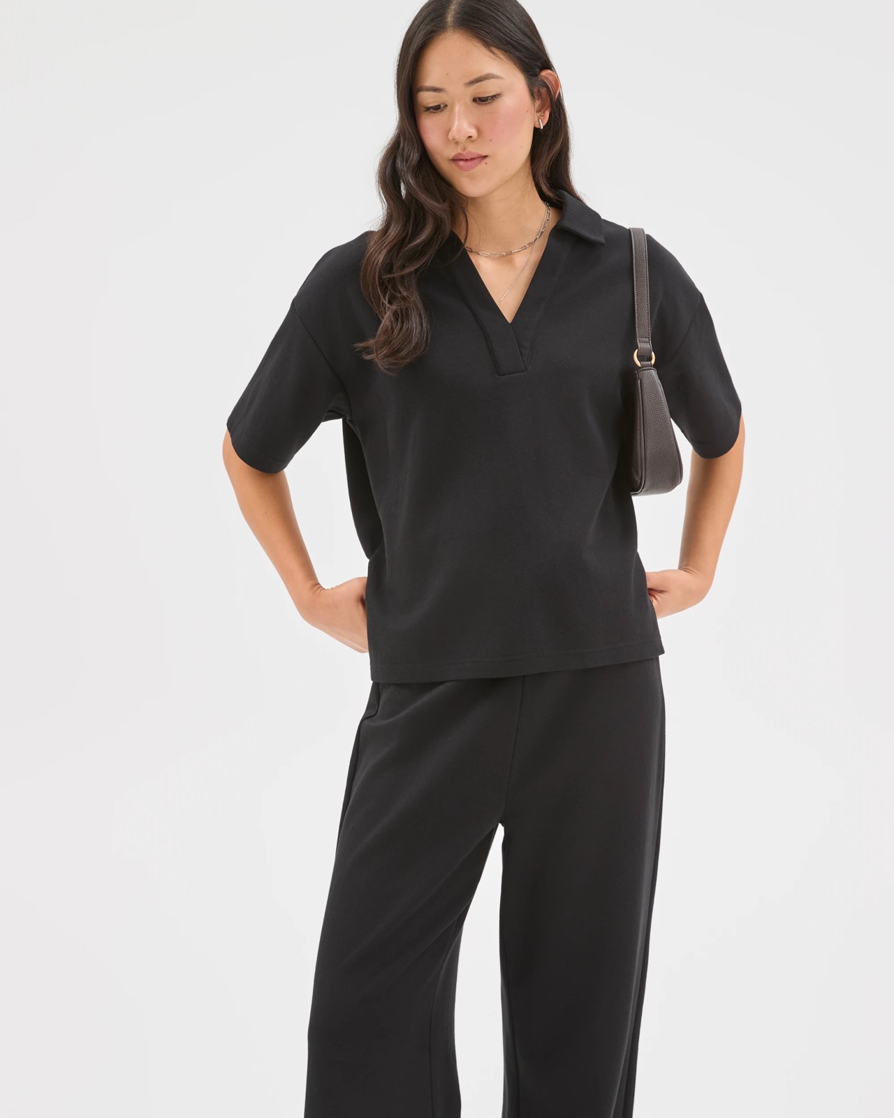 Australian Cotton Blend Wide Leg Interlock Pants - Black 3 of 6