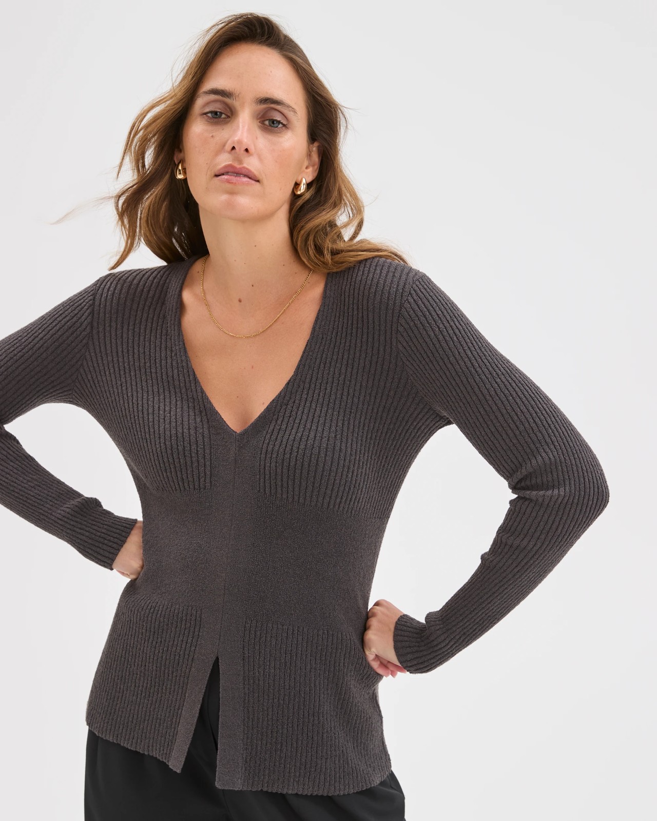 Preview Long Sleeve V-Neck Boucle Knit Top - Cinder 4 of 5