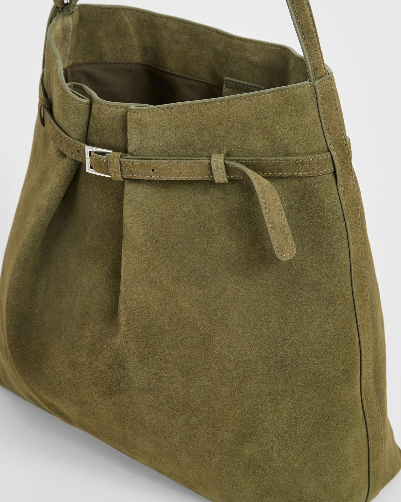 Premium Suede Leather Belted Bucket Bag - Khaki 3 of 3
