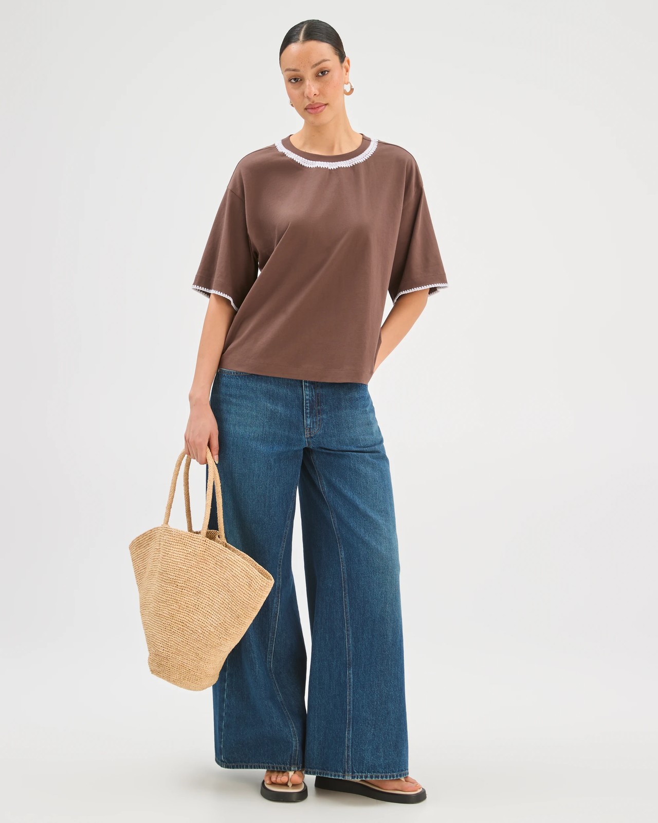 Australian Cotton Boxy Stitch Detail T-Shirt - Coffee Bean White 2 of 6