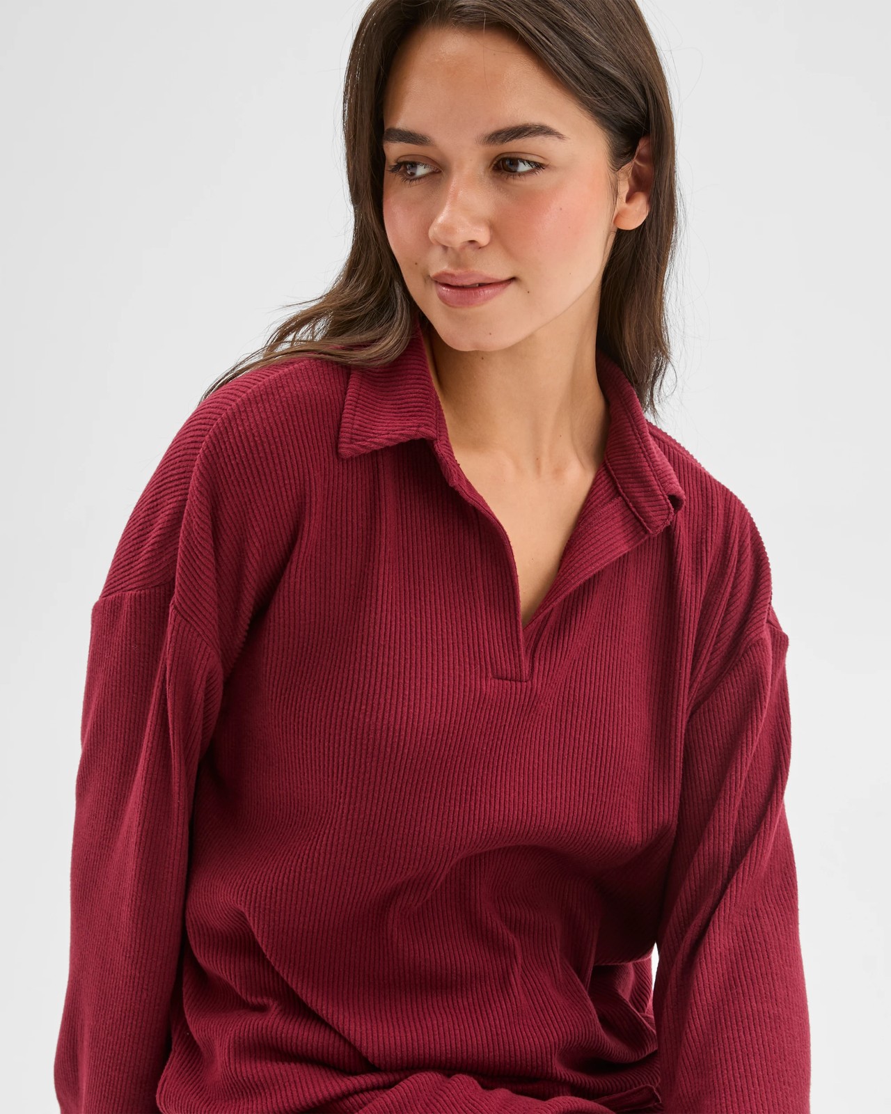 Cosy Rib Notch Collar Top - Burgundy 4 of 6