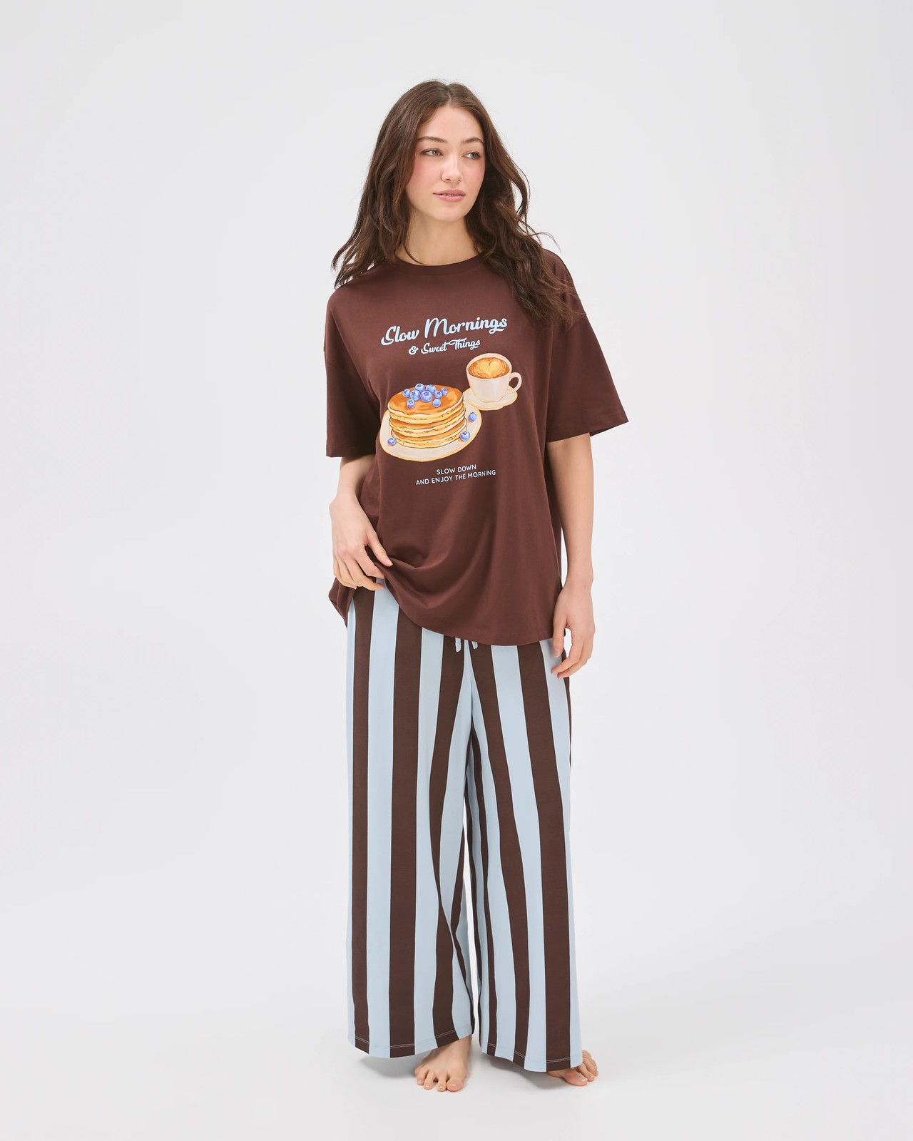 Lily Loves Australian Cotton Wide Leg 7/8 Length Jersey Sleep Pants - Blue Chocolate 2 of 6