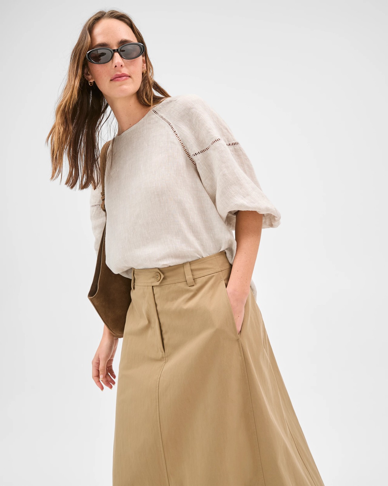 European Linen 3/4 Sleeve Trim Detail Top - Flax 3 of 5