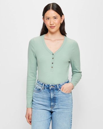 Australian Cotton Long Sleeve Rib Henley T-Shirt
