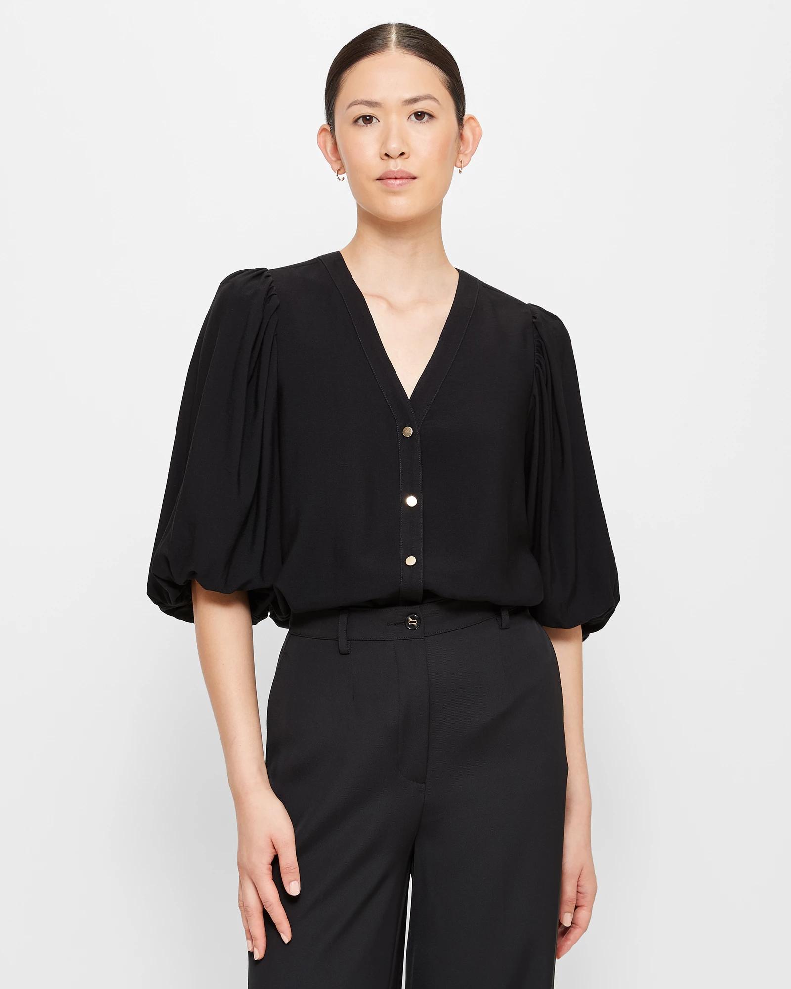 Balloon Sleeve Button Through Blouse - Preview - Black