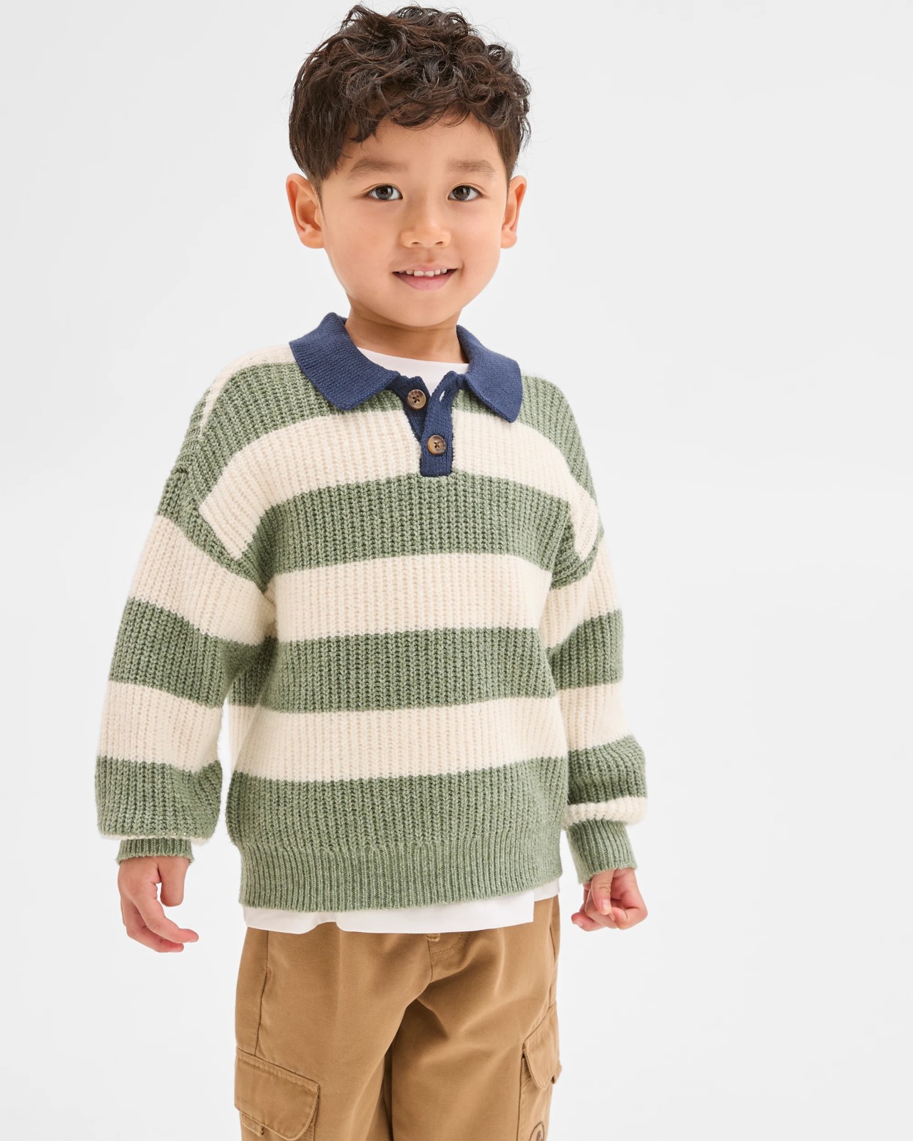 Long Sleeve Striped Knit Polo Top - Green 2 of 5