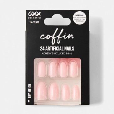 24 Pack Artificial Nails with Adhesive, Coffin Shape, Pink Shimmer - OXX Cosmetics