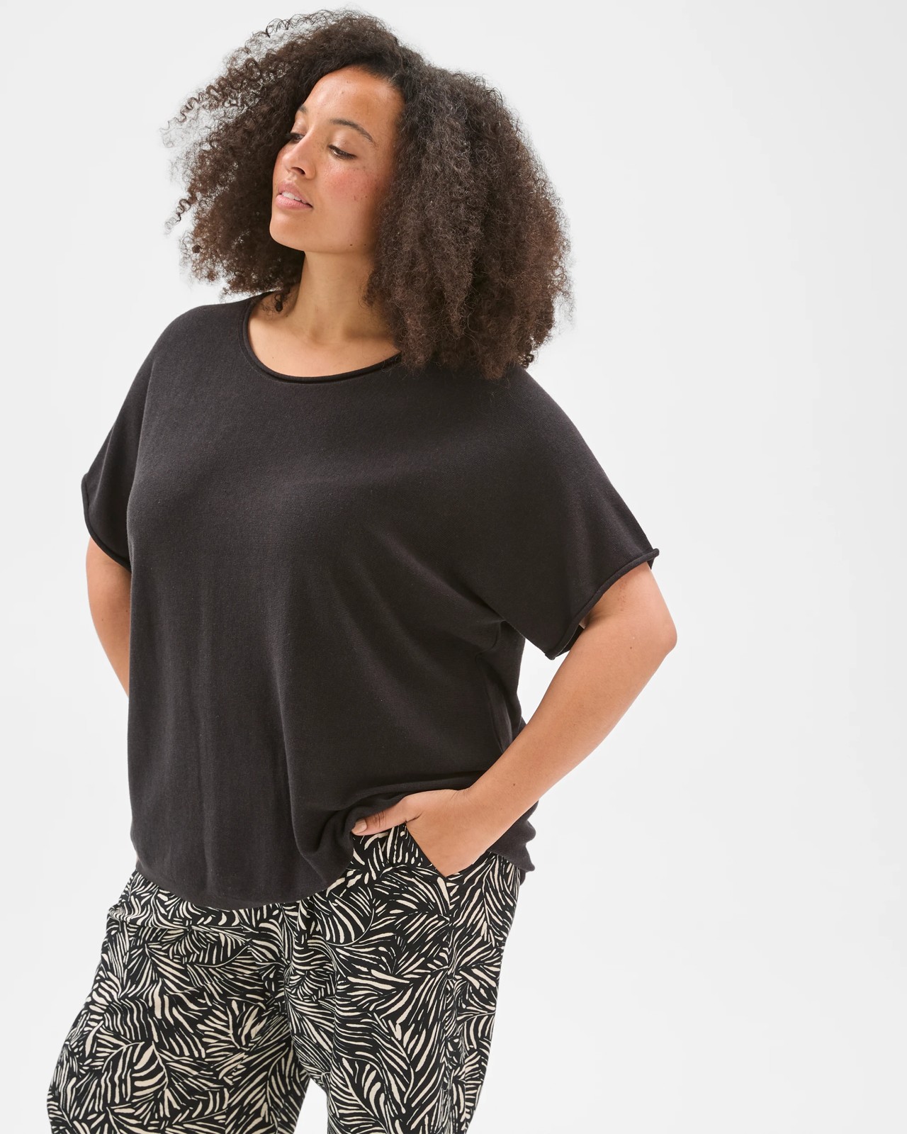 Plus Size Australian Cotton Blend Roll Edge Knit Top - Black 3 of 5