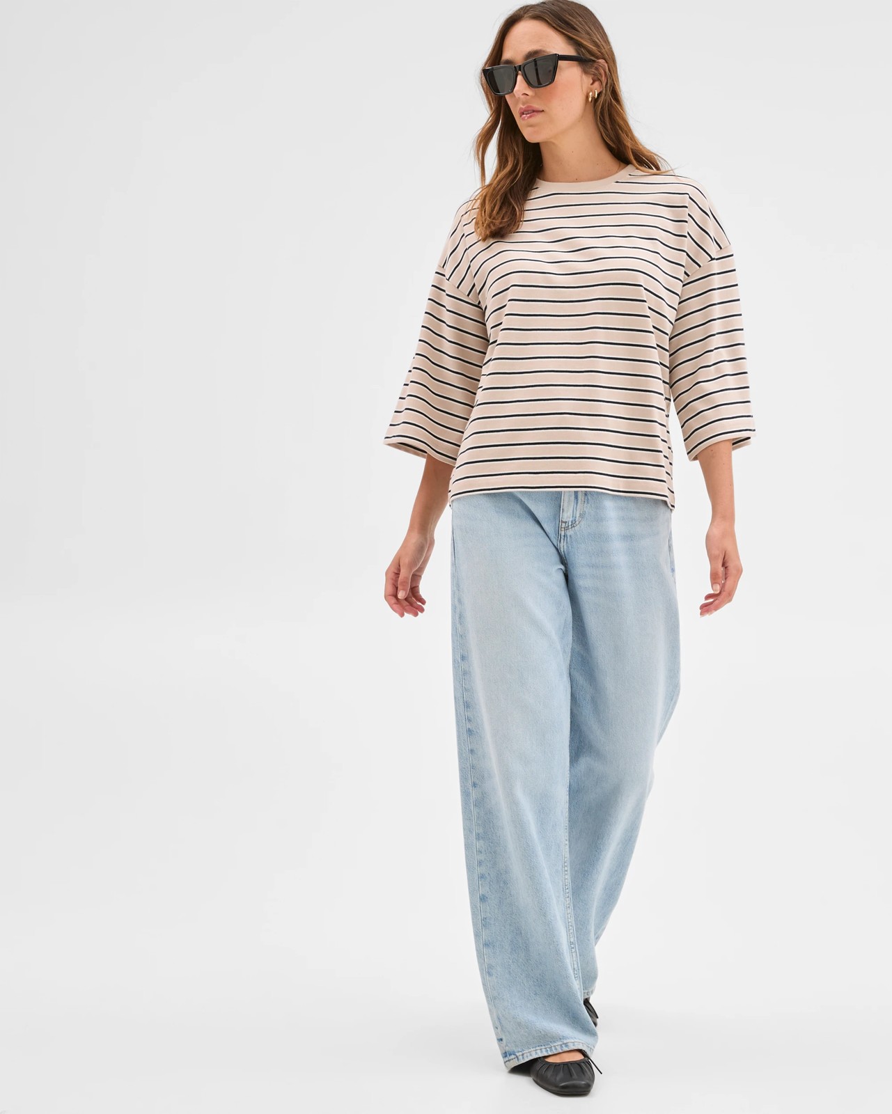 Australian Cotton 3/4 Length Wide Sleeve Boxy T-Shirt - Black/Birch/Cloud Dancer 2 of 5