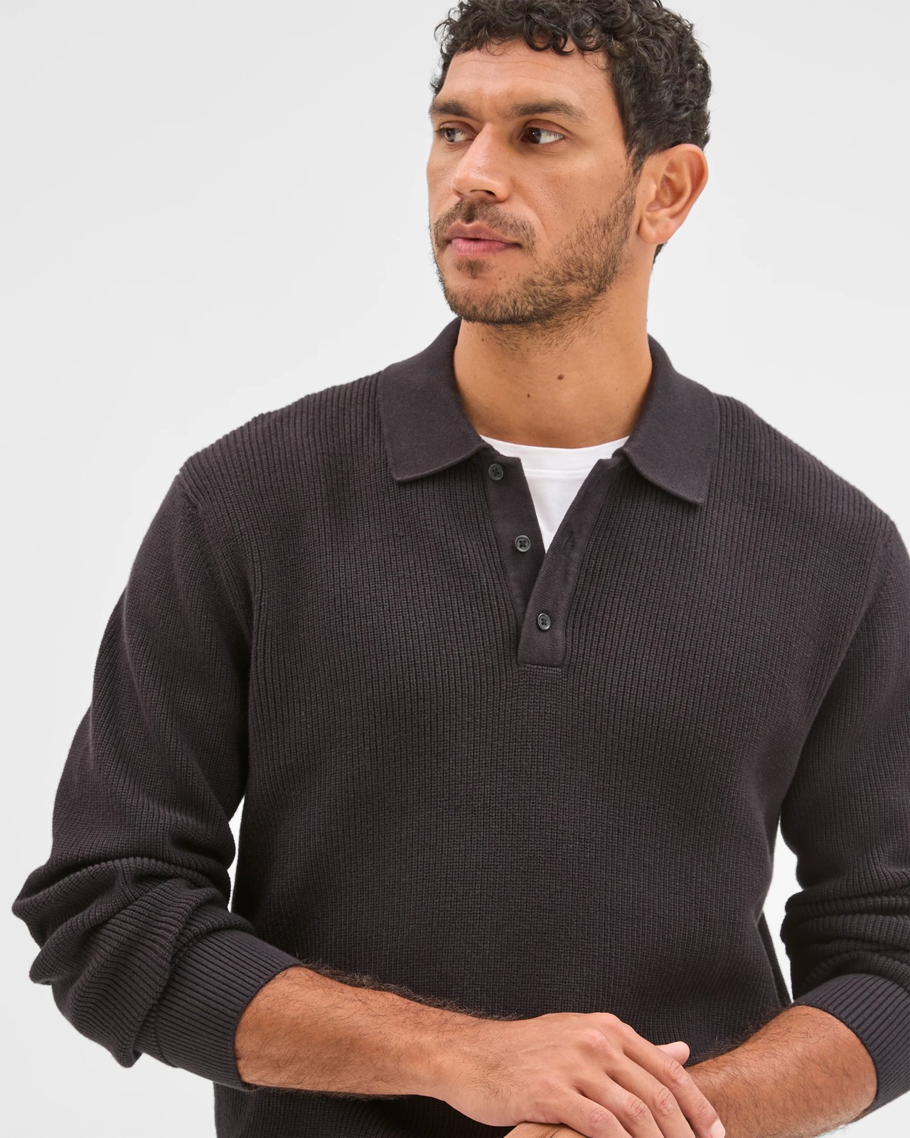 Australian Cotton Lightweight Long Sleeve Polo Neck Knit Sweater - Black 4 of 6