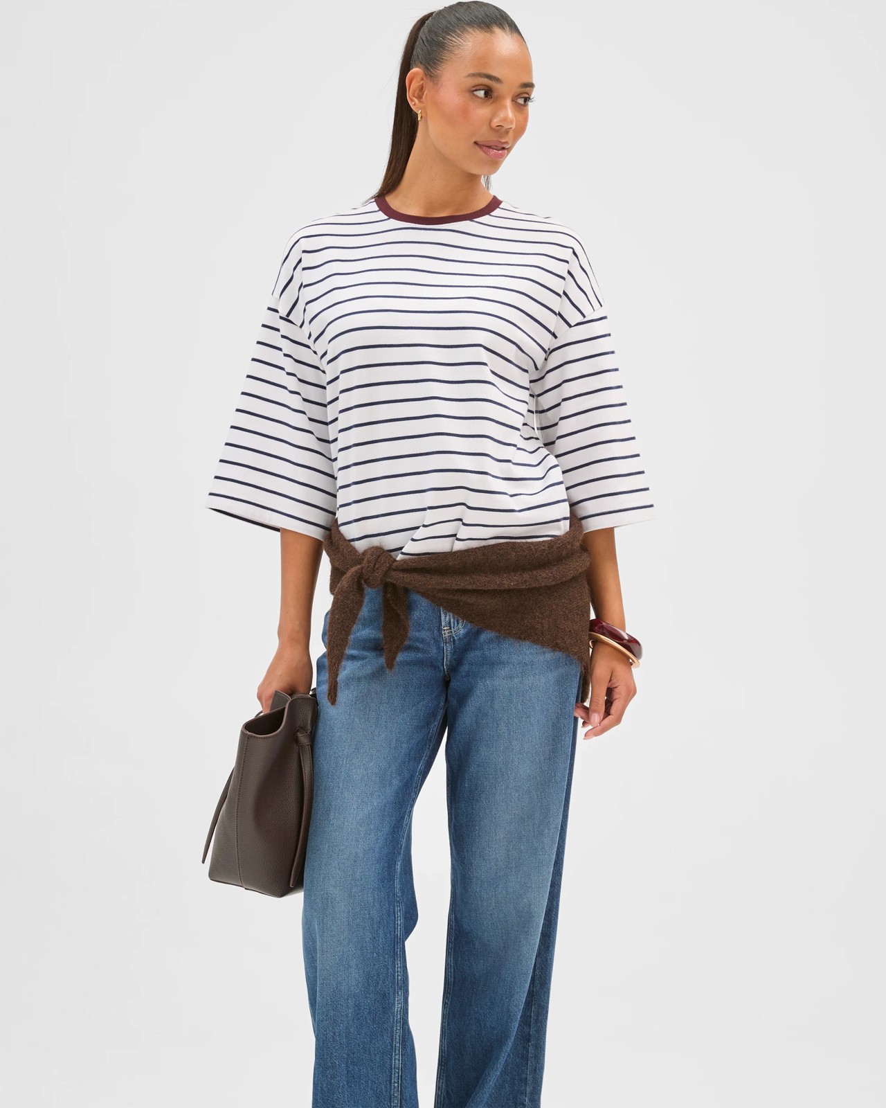 Australian Cotton 3/4 Length Wide Sleeve Boxy T-Shirt - Navy/White/Burgundy 2 of 6
