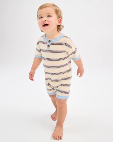 Baby Organic Cotton True Knit Henley Retro Stripe Romper