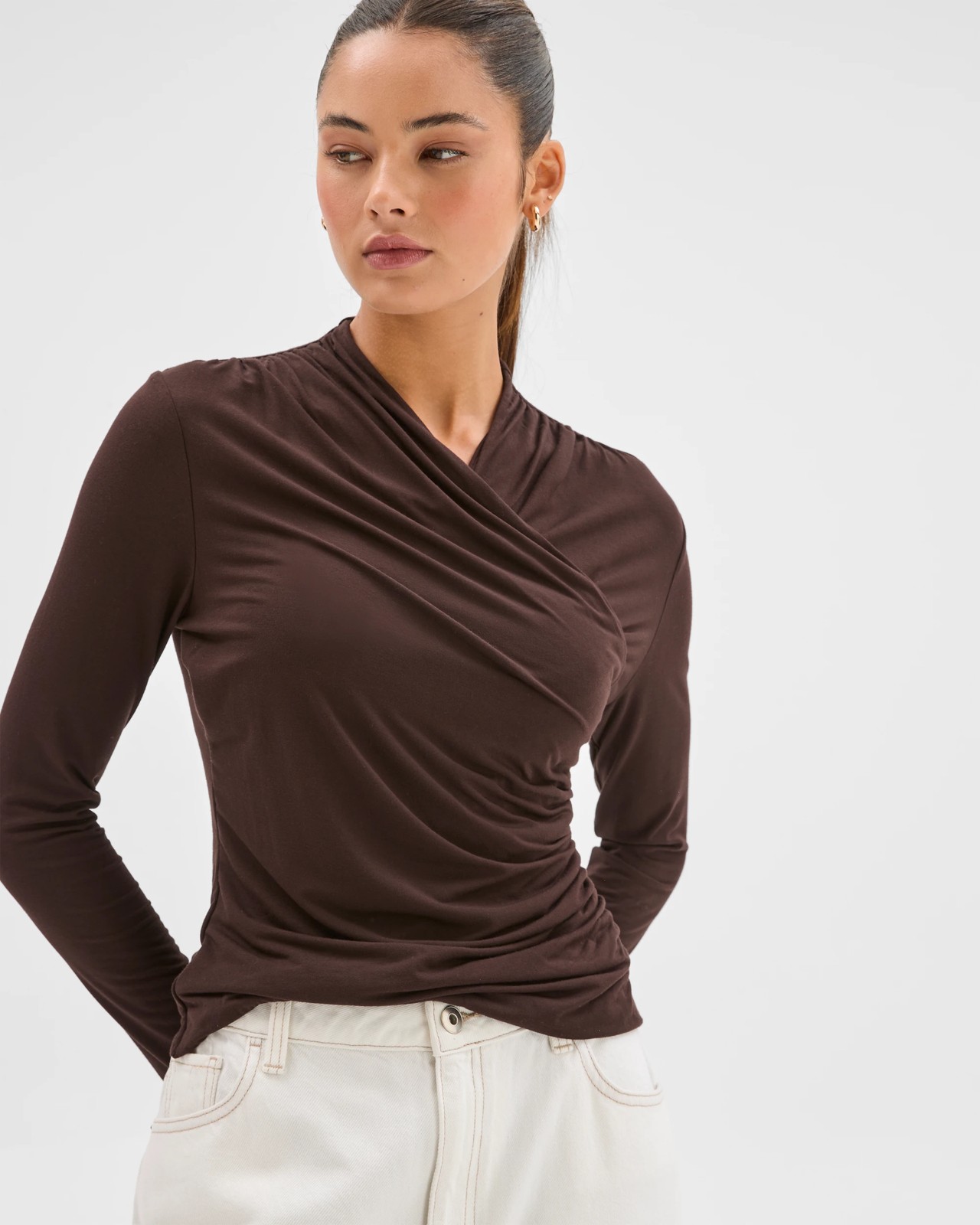Lily Loves Long Sleeve Crossover Drape Top - Truffle 3 of 6