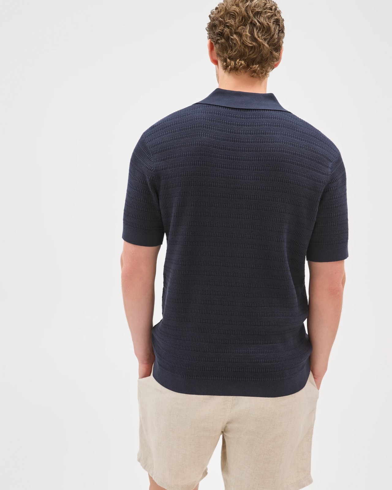 Australian Cotton Patterned Knit Polo Top - Navy 6 of 6