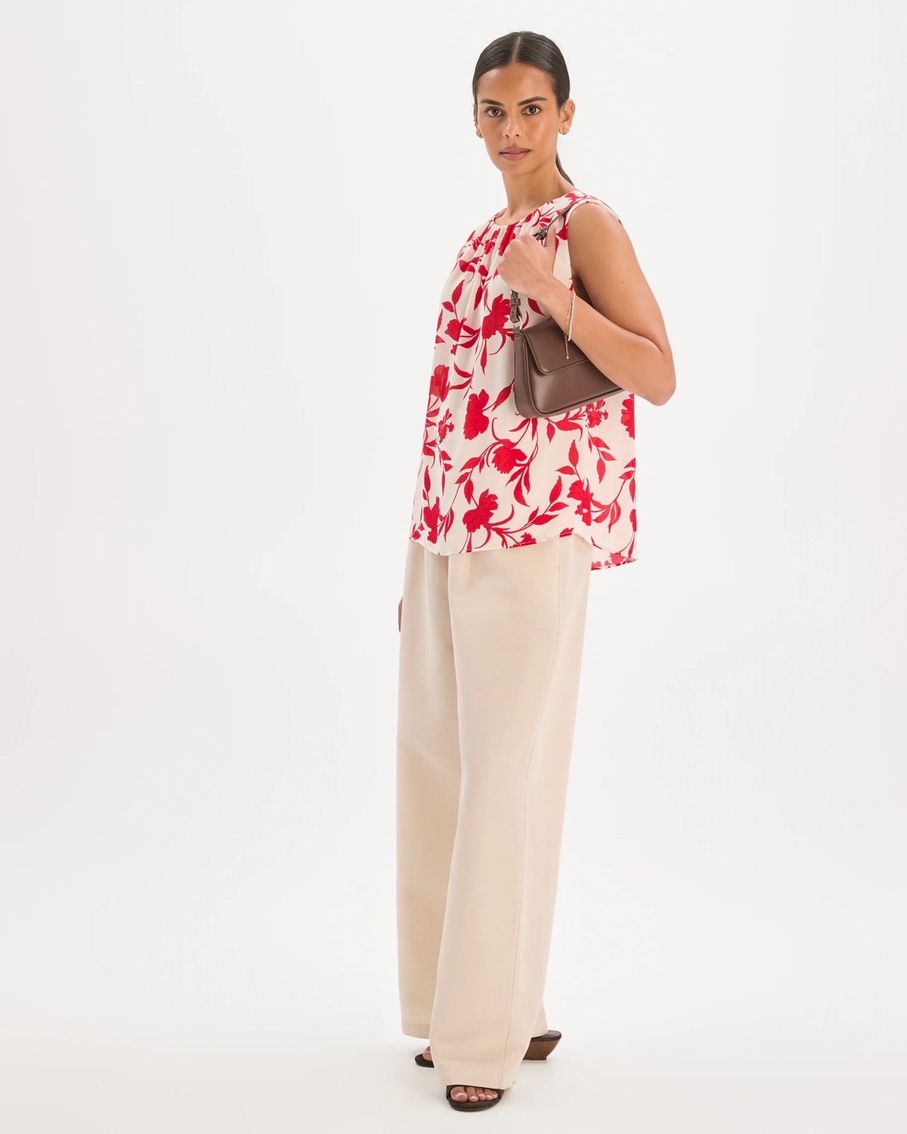 Preview Sleeveless Gathered Neck Blouse - Red Silhouette Floral 5 of 6