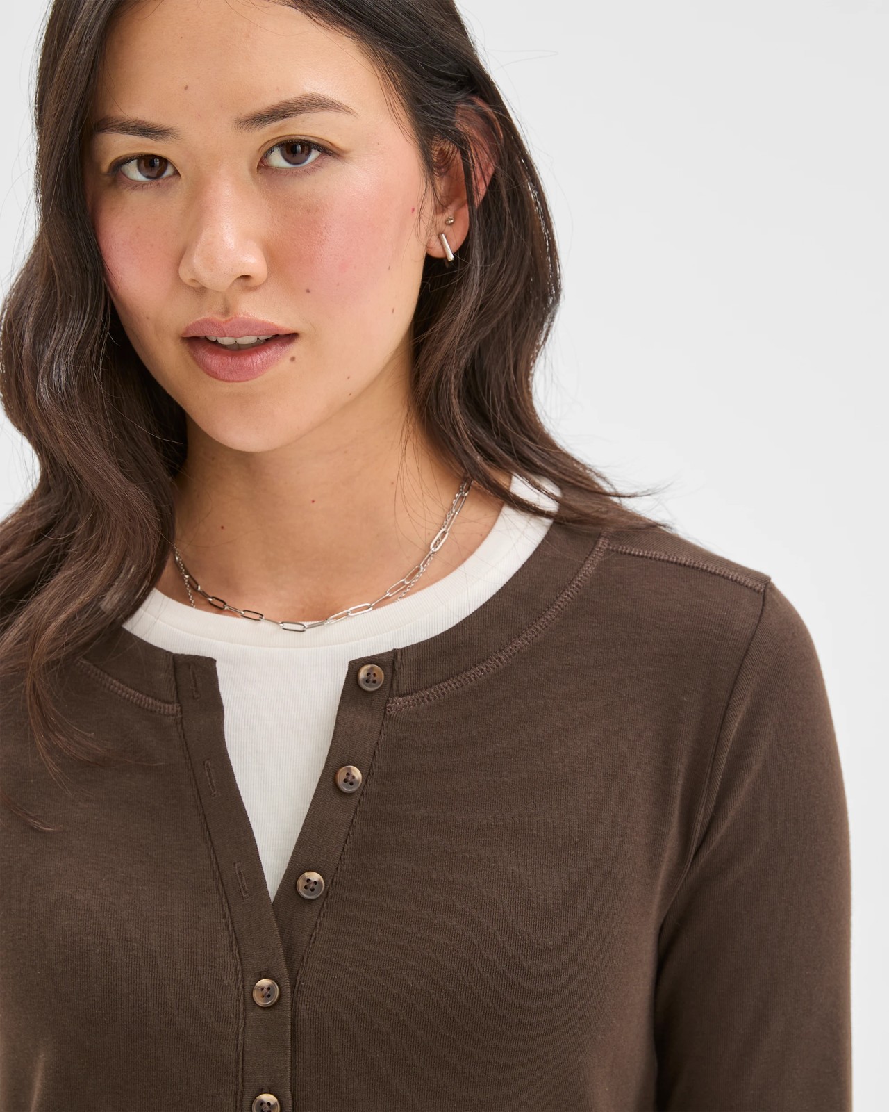 Soft Touch Henley Double Layer T-Shirt - Coffee Bean/Pearl 3 of 5