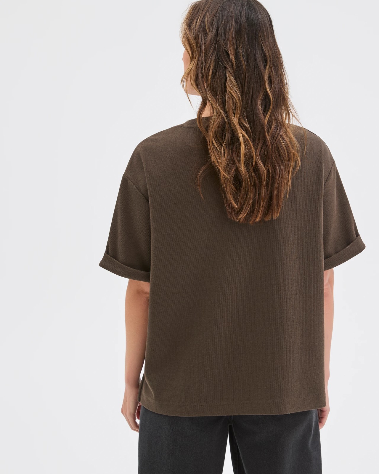 Turnback Cuff Boxy Rib T-Shirt - Coffee Bean 6 of 6