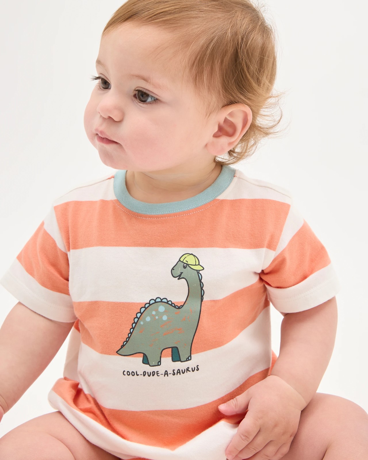 Baby Organic Cotton Short Sleeve Bubble Bodysuit - Dino Stripe Red 3 of 4