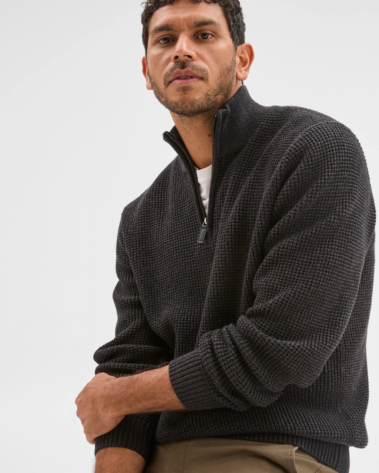 Australian Cotton Midweight 1/2 Zip Knit Sweater - Charcoal 3 of 6