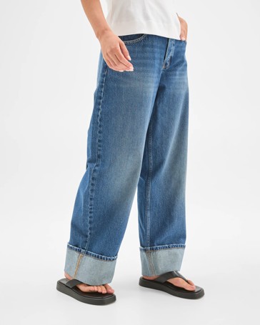 Lily Loves Mid Rise Cuffed Barrel Leg Denim Jeans