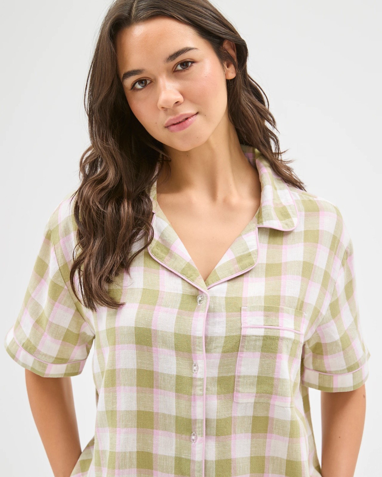 Linen Blend 7/8 Length Pyjama Set - Green Check 4 of 6