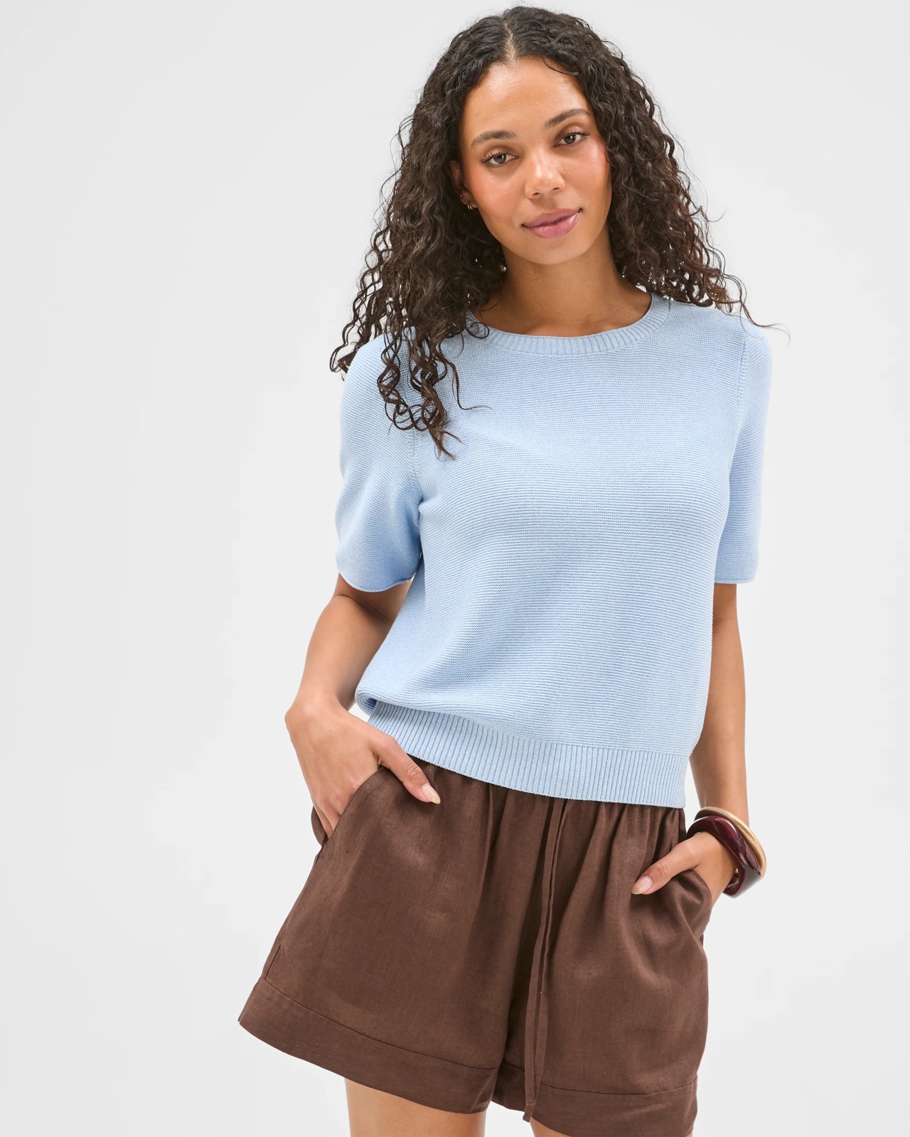Australian Cotton Blend Relaxed Fit Ottoman Stitch Knitted T-Shirt - Pale Blue 2 of 6