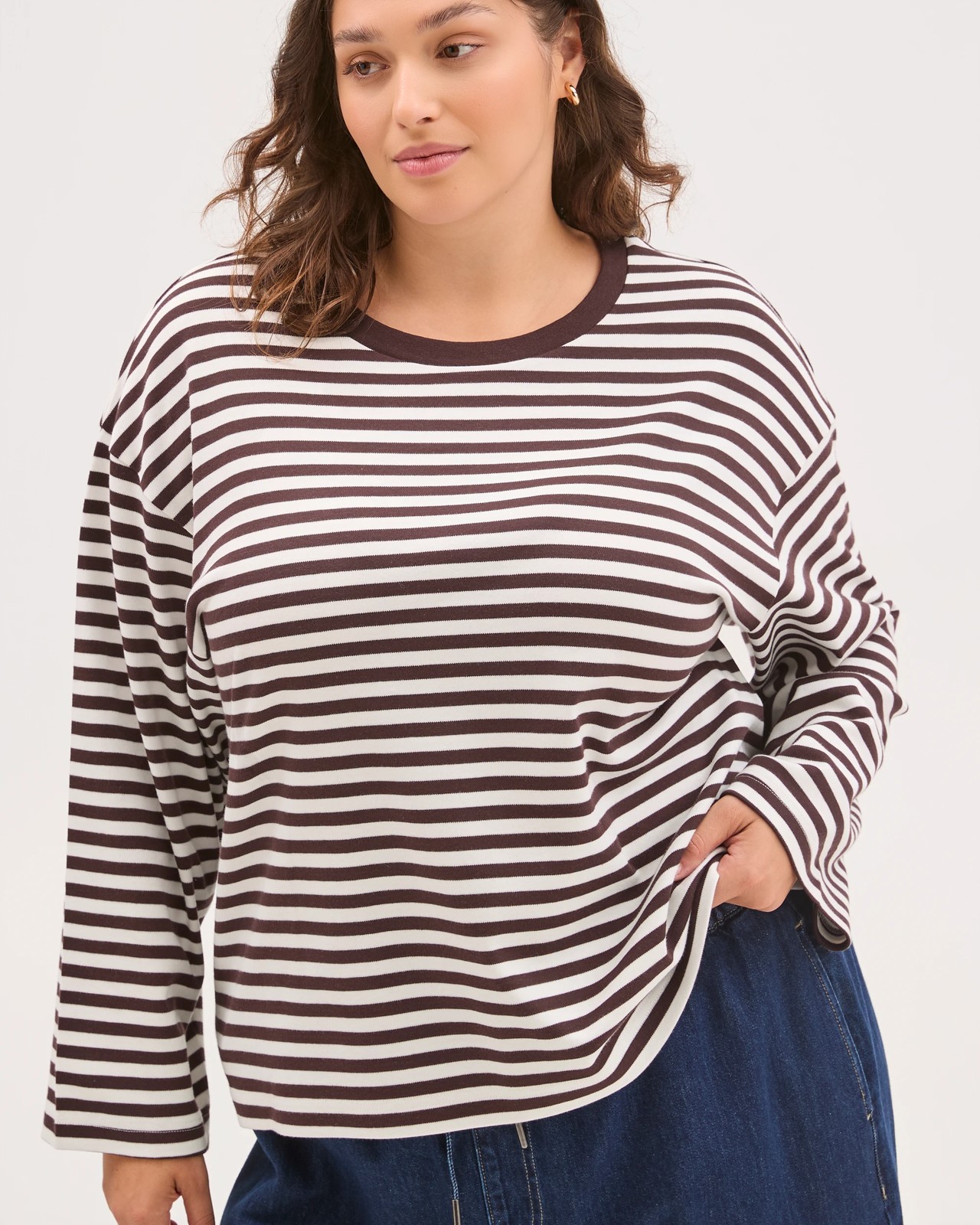 Plus Size Australian Cotton Long Wide Sleeve T-Shirt - Brunette/White 3 of 6