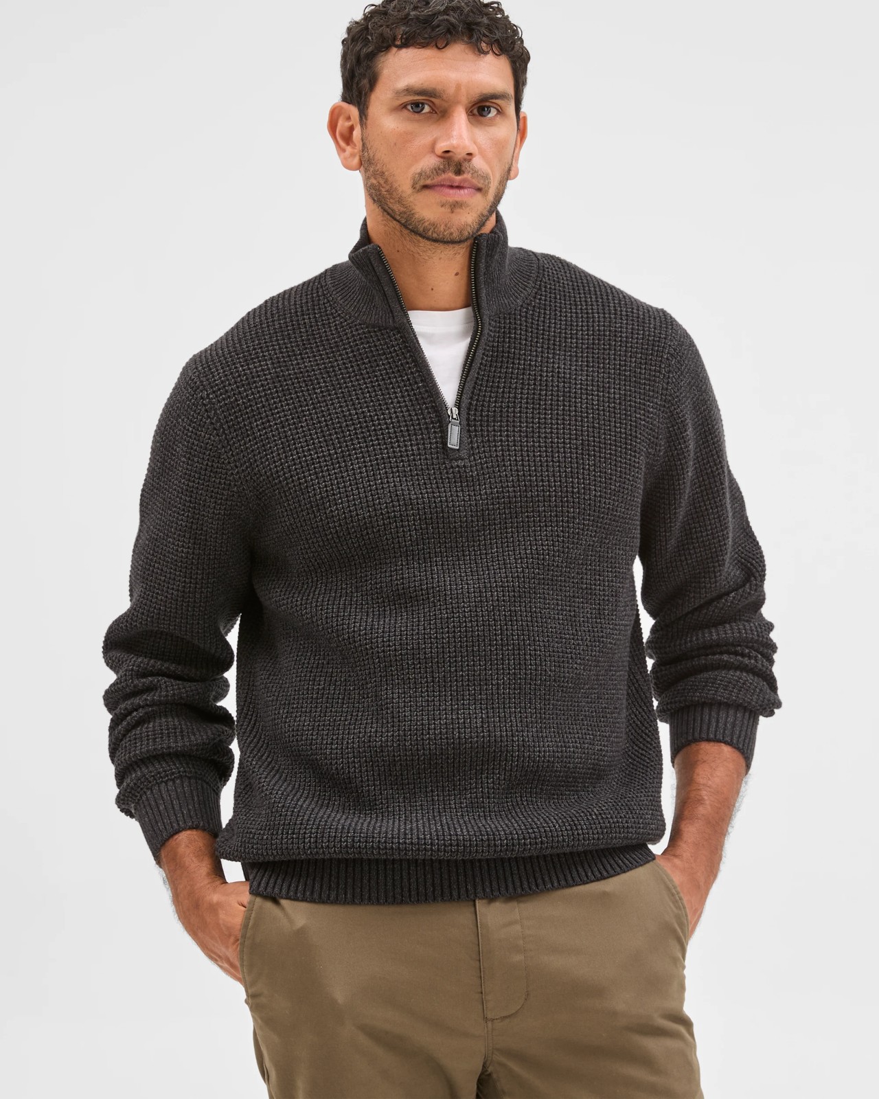 Australian Cotton Midweight 1/2 Zip Knit Sweater - Charcoal 2 of 6