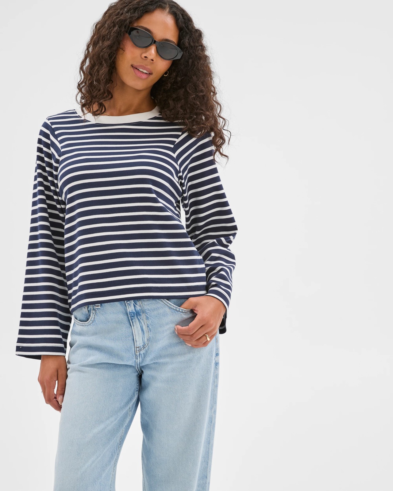 Australian Cotton Long Sleeve Spliced Top - Ink Navy/Brilliant White 2 of 5